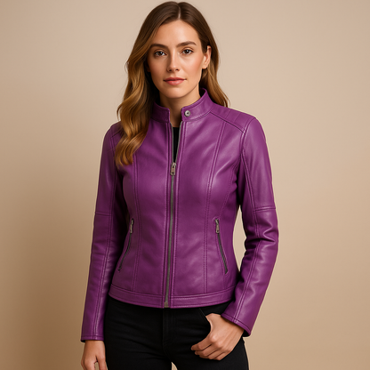 Woman wearing an elegant PU jacket for women with a regular fit, symmetrical zipper, and modern collar details, styled for autumn and spring looks.