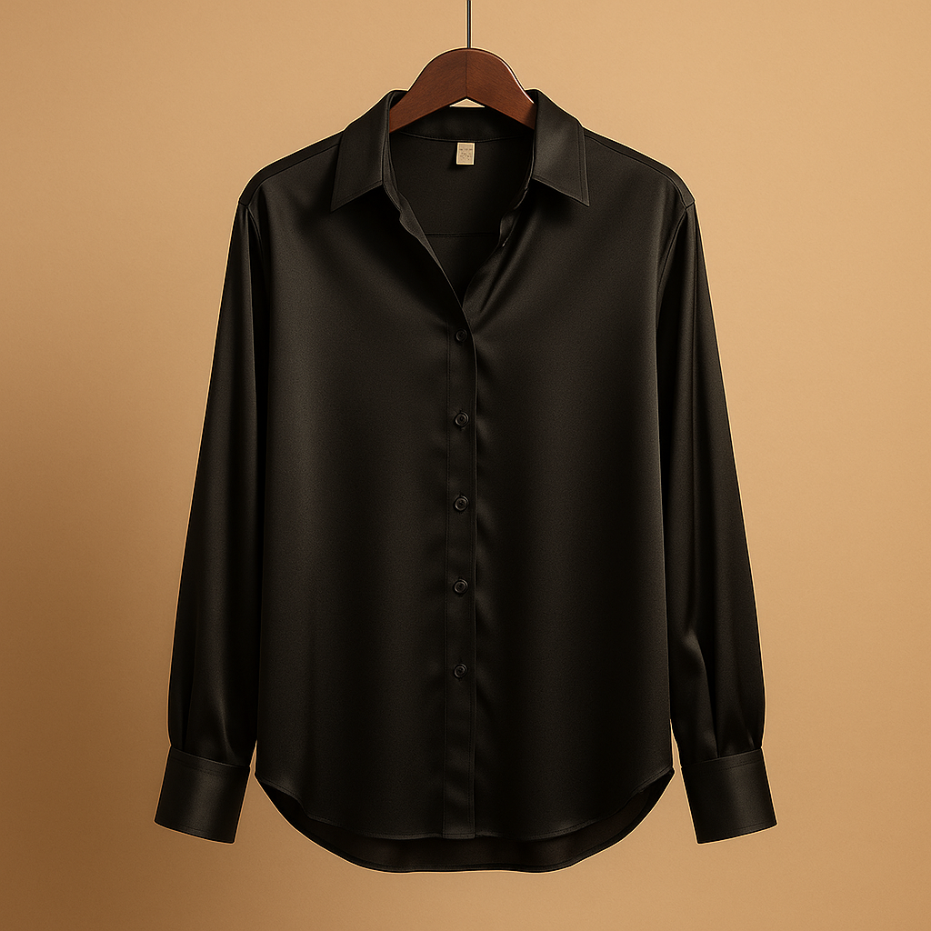 Women’s elegant satin blouse with a folded collar and button closure, suitable for work, casual outfits, and formal occasions.