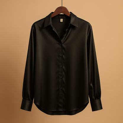 Women’s elegant satin blouse with a folded collar and button closure, suitable for work, casual outfits, and formal occasions.