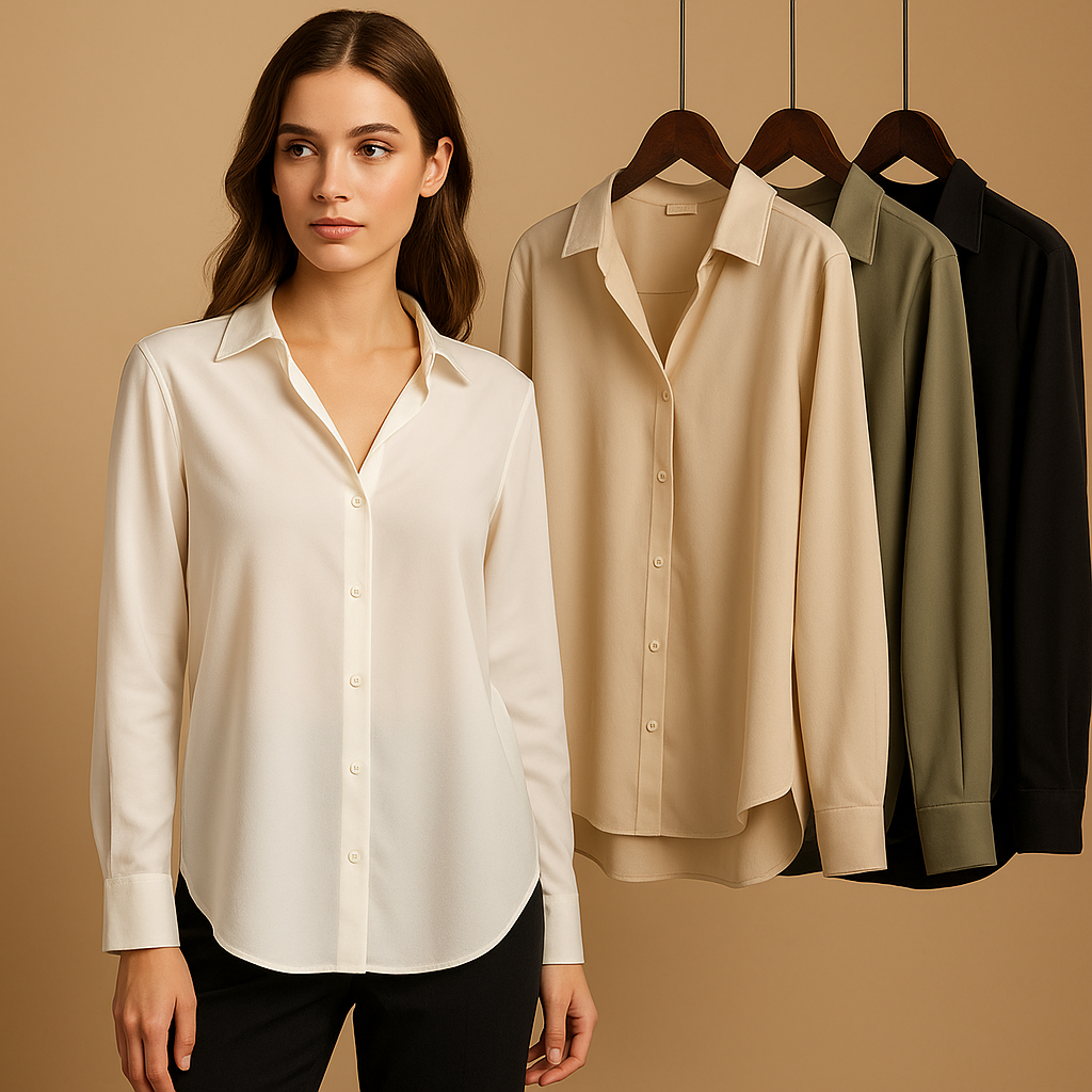 Women’s elegant satin blouse with a folded collar and button closure, suitable for work, casual outfits, and formal occasions.
