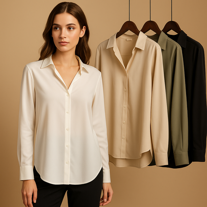 Women’s elegant satin blouse with a folded collar and button closure, suitable for work, casual outfits, and formal occasions.