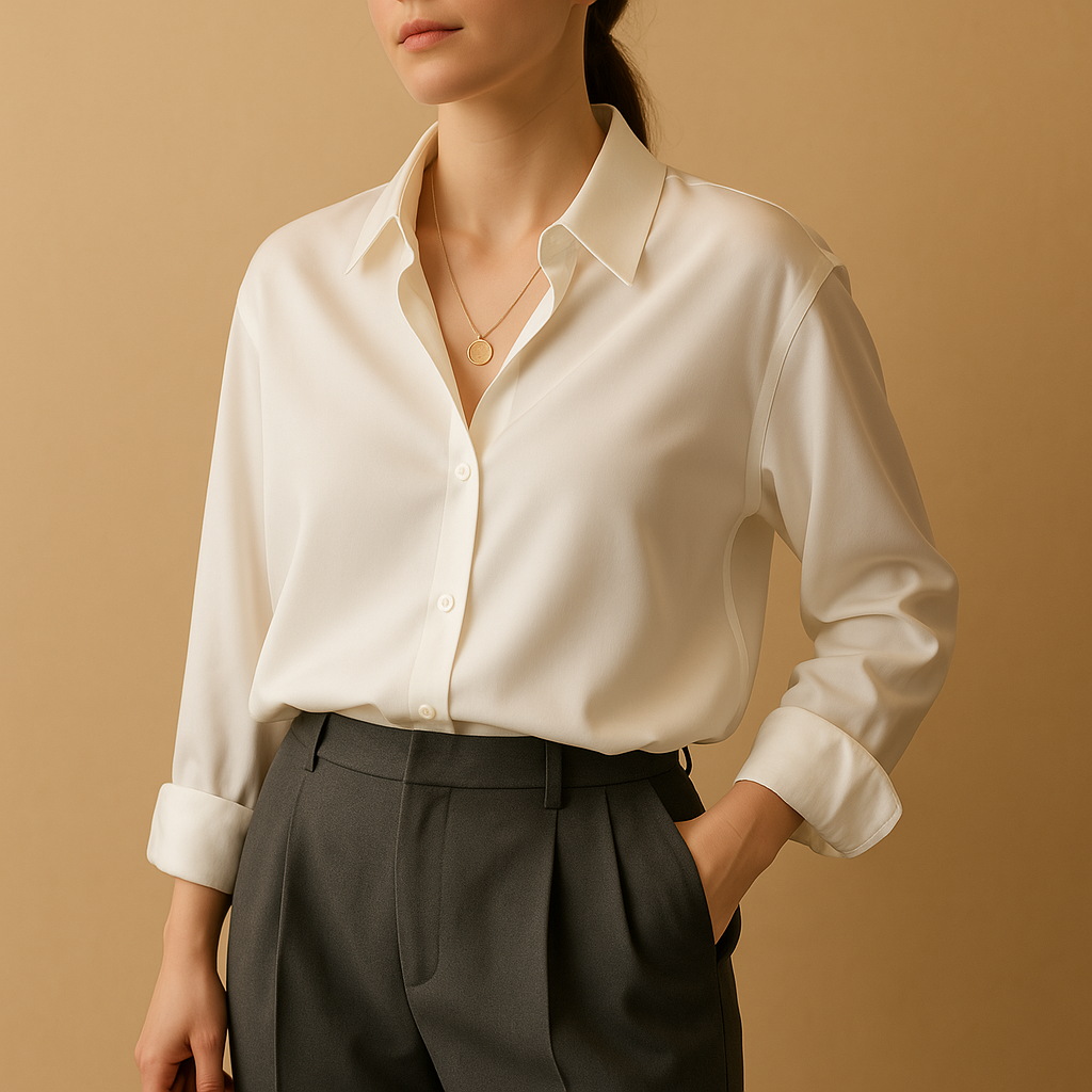 Women’s elegant satin blouse with a folded collar and button closure, suitable for work, casual outfits, and formal occasions.