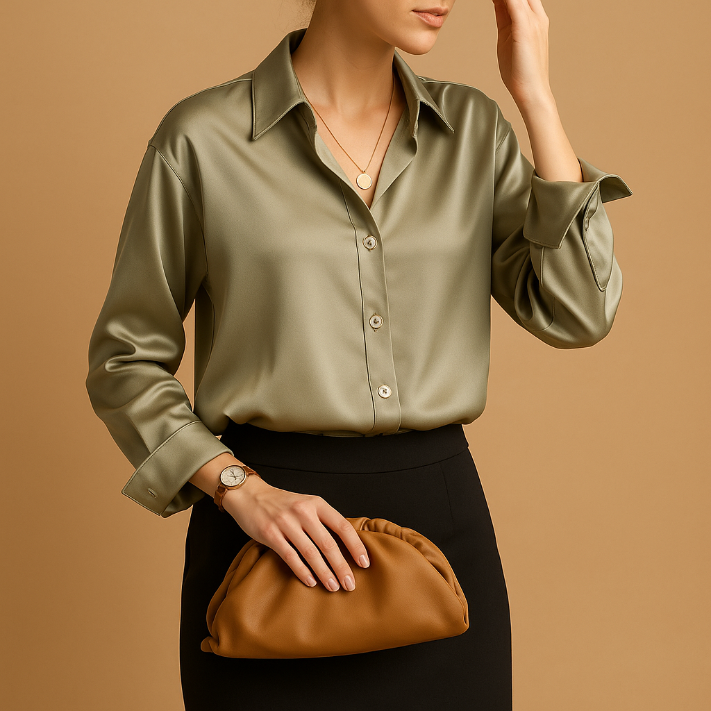 Women’s elegant satin blouse with a folded collar and button closure, suitable for work, casual outfits, and formal occasions.