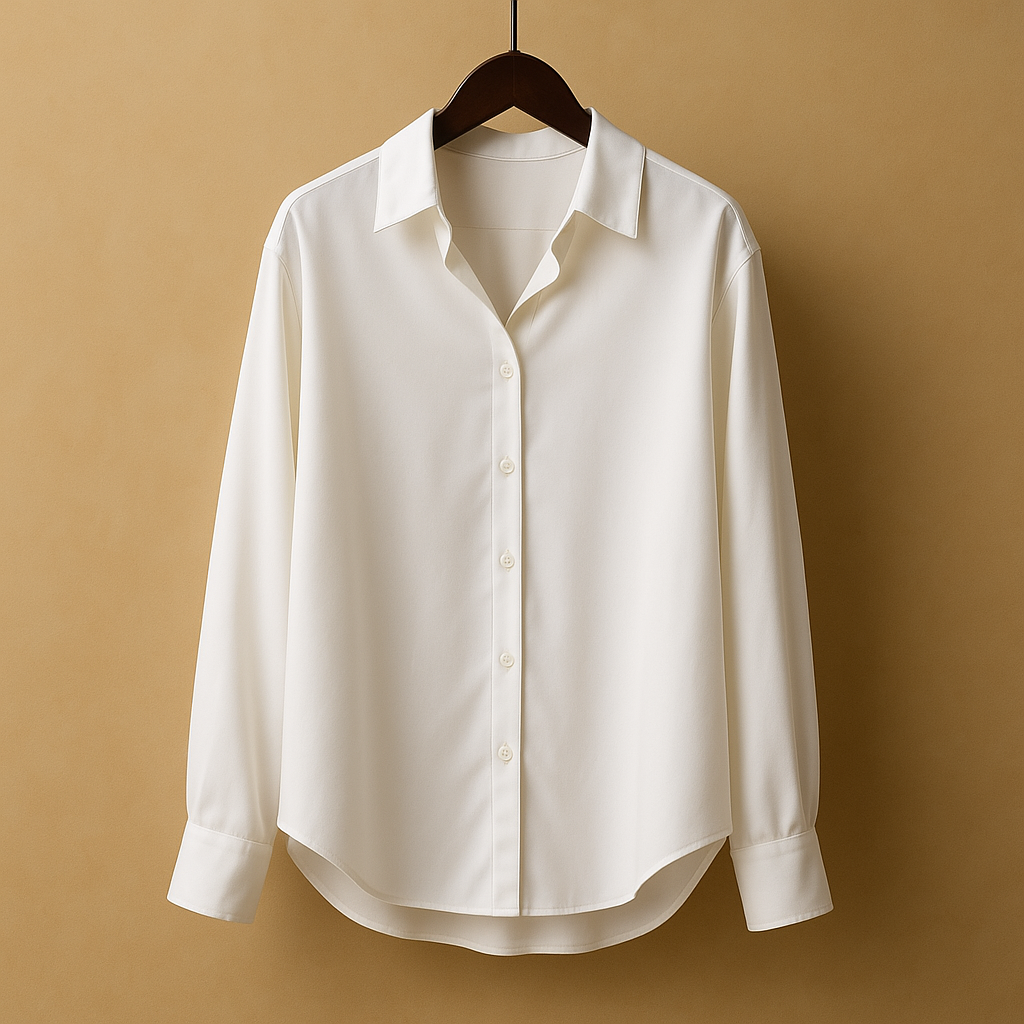 Women’s elegant satin blouse with a folded collar and button closure, suitable for work, casual outfits, and formal occasions.