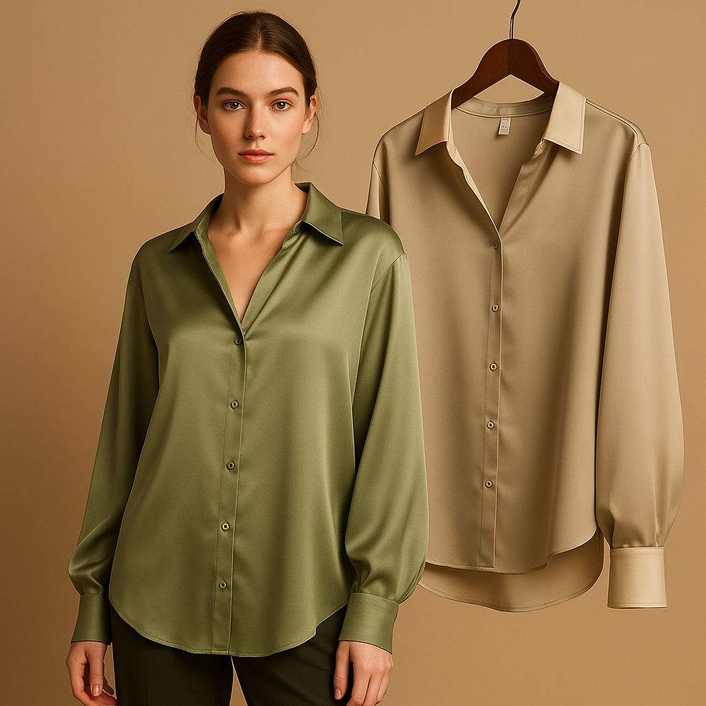 Women’s elegant satin blouse with a folded collar and button closure, suitable for work, casual outfits, and formal occasions.