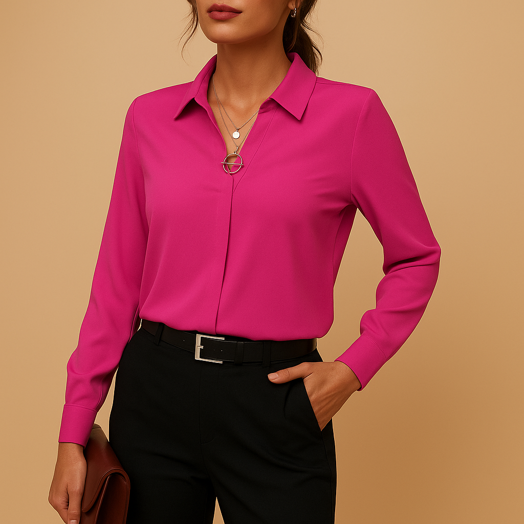Women’s elegant solid button-up blouse with a tailored feminine fit, suitable for work, everyday wear, and evening outfits.