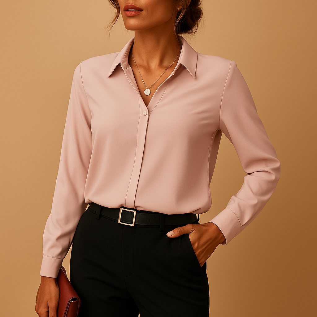 Women’s elegant solid button-up blouse with a tailored feminine fit, suitable for work, everyday wear, and evening outfits.
