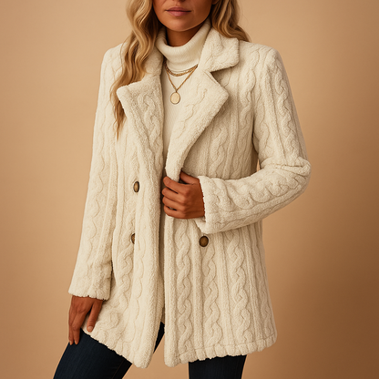Elegant tailored winter coat for women with structured silhouette, available in apricot, black, red, and white, perfect for winter days and evenings out.