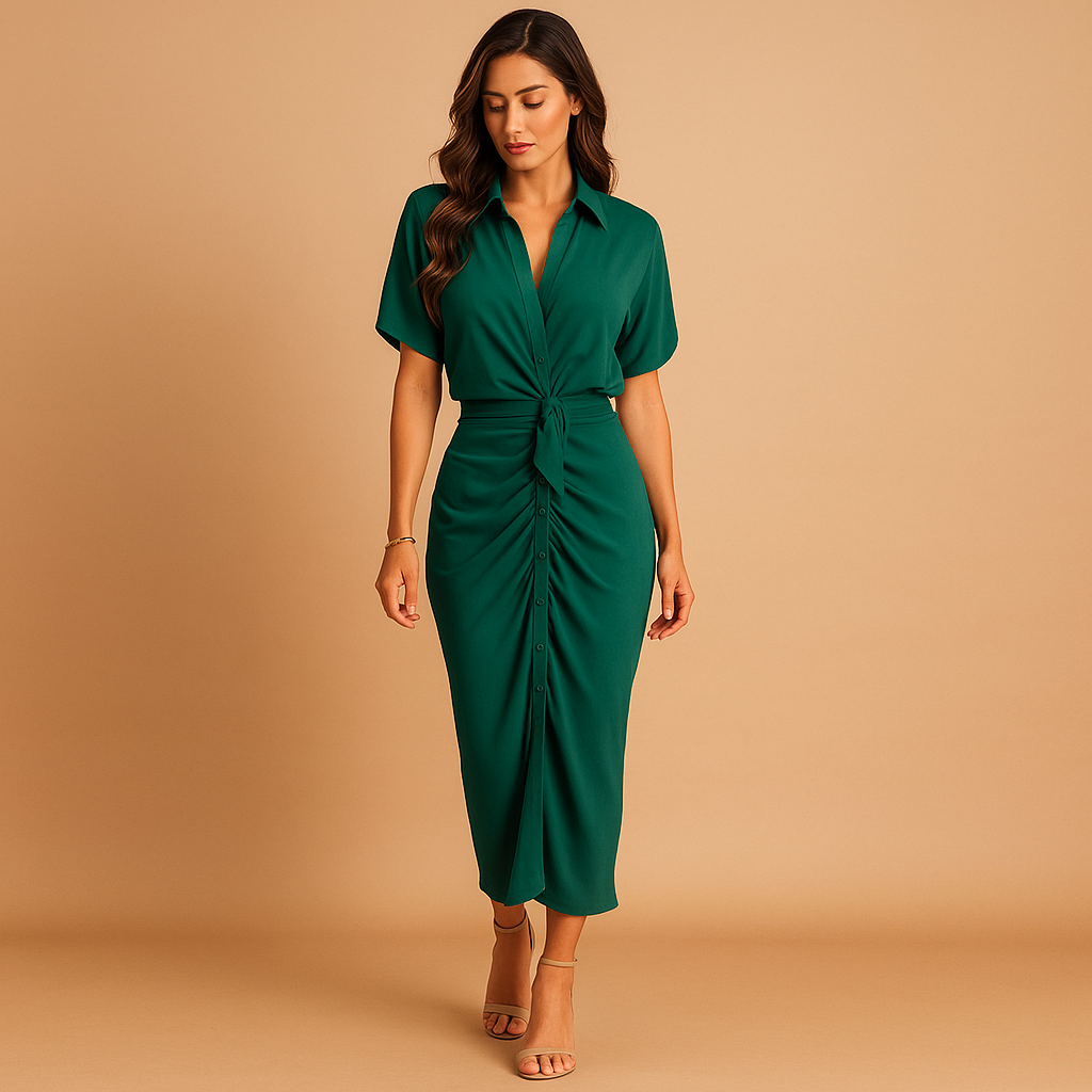Elegant ankle-length evening dress for women with V-neck and draped design, perfect for gala events, evening parties, and formal occasions.