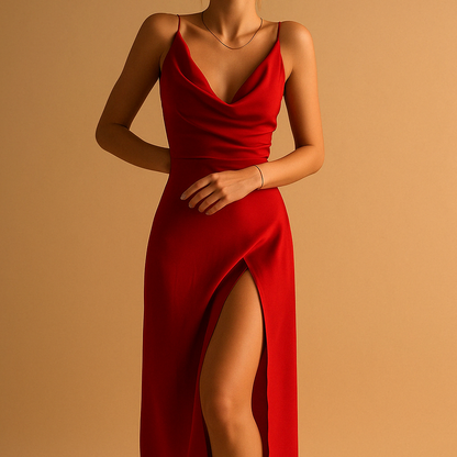 Elegant V-neck maxi dress for women with flowing fit and subtle tailoring, ideal for weddings, galas, and formal occasions.