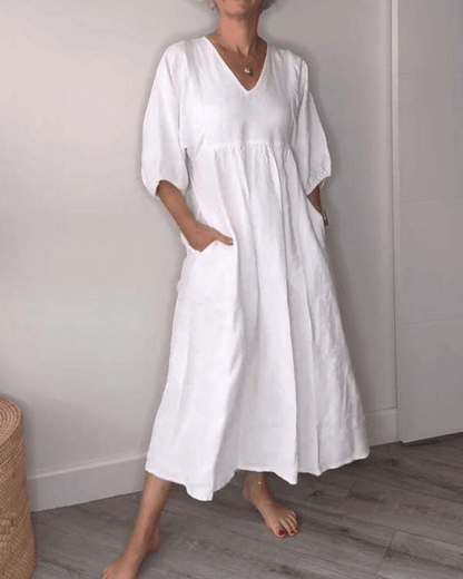Elegant Women's V-Neck Maxi Dress - VibreMode