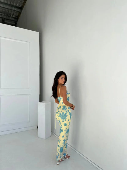 Women's Sleeveless Floral Maxi Dress Slim Fit Yellow