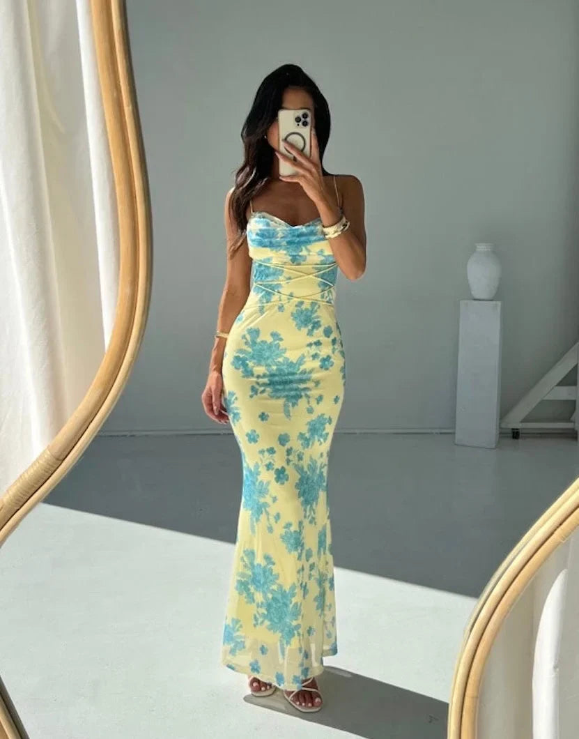 Women's Sleeveless Floral Maxi Dress Slim Fit Yellow