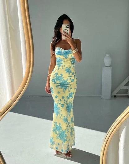 Women's Sleeveless Floral Maxi Dress Slim Fit Yellow