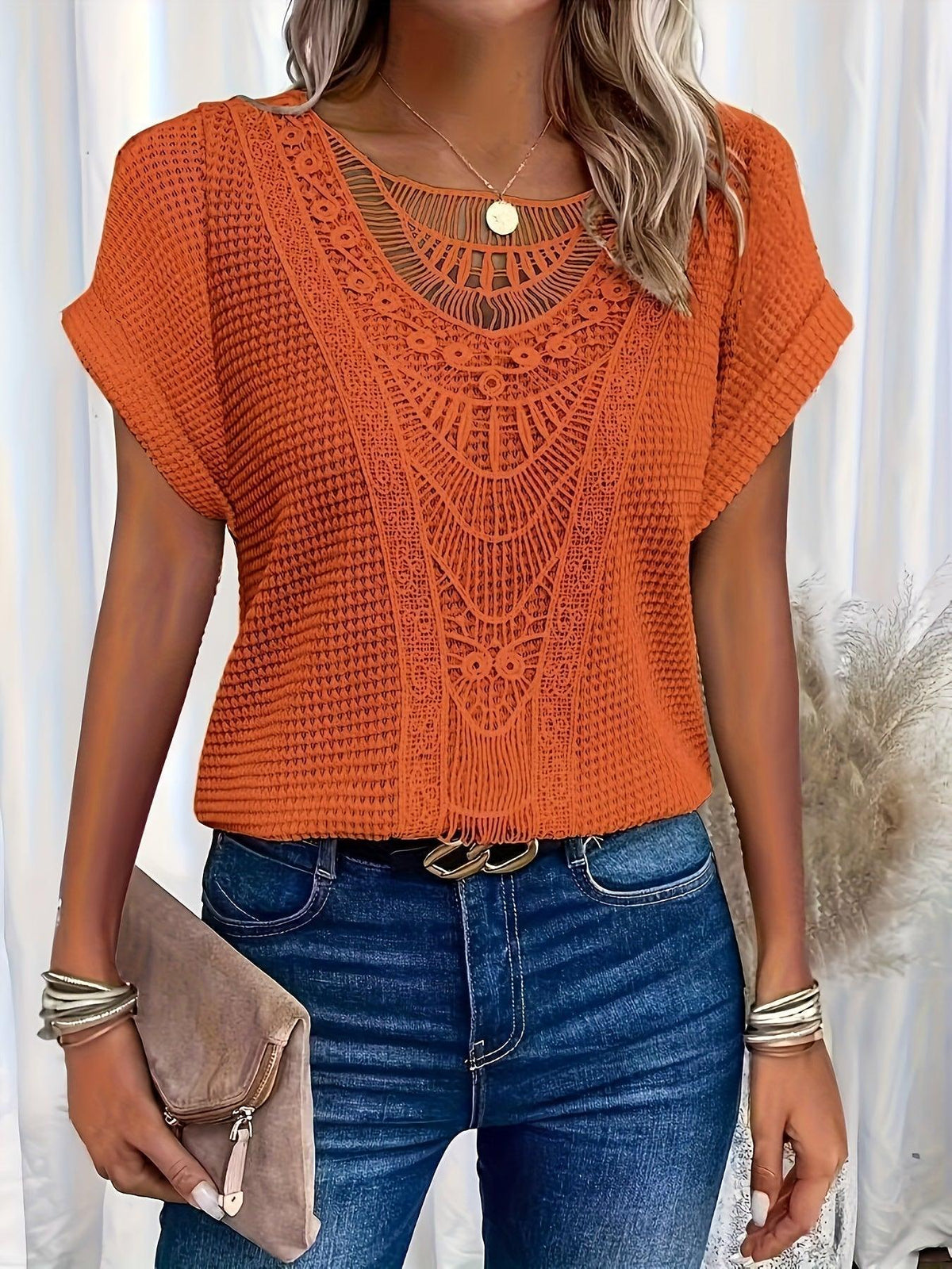 Chic Crochet Short Sleeve Summer Blouse Top