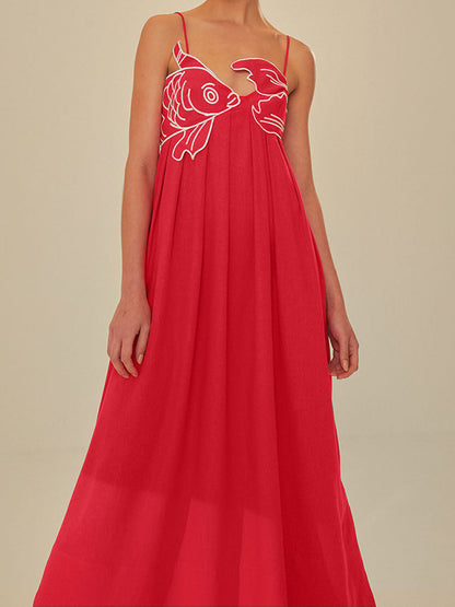 Women's Embroidered Maxi Dress Spaghetti Strap Black