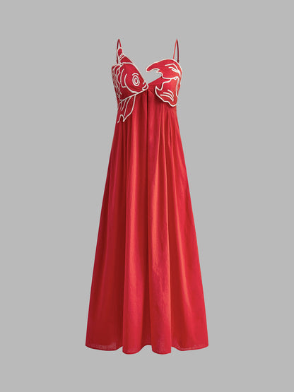 Women's Embroidered Maxi Dress Spaghetti Strap Black