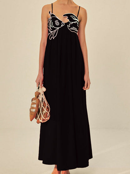 Women's Embroidered Maxi Dress Spaghetti Strap Black