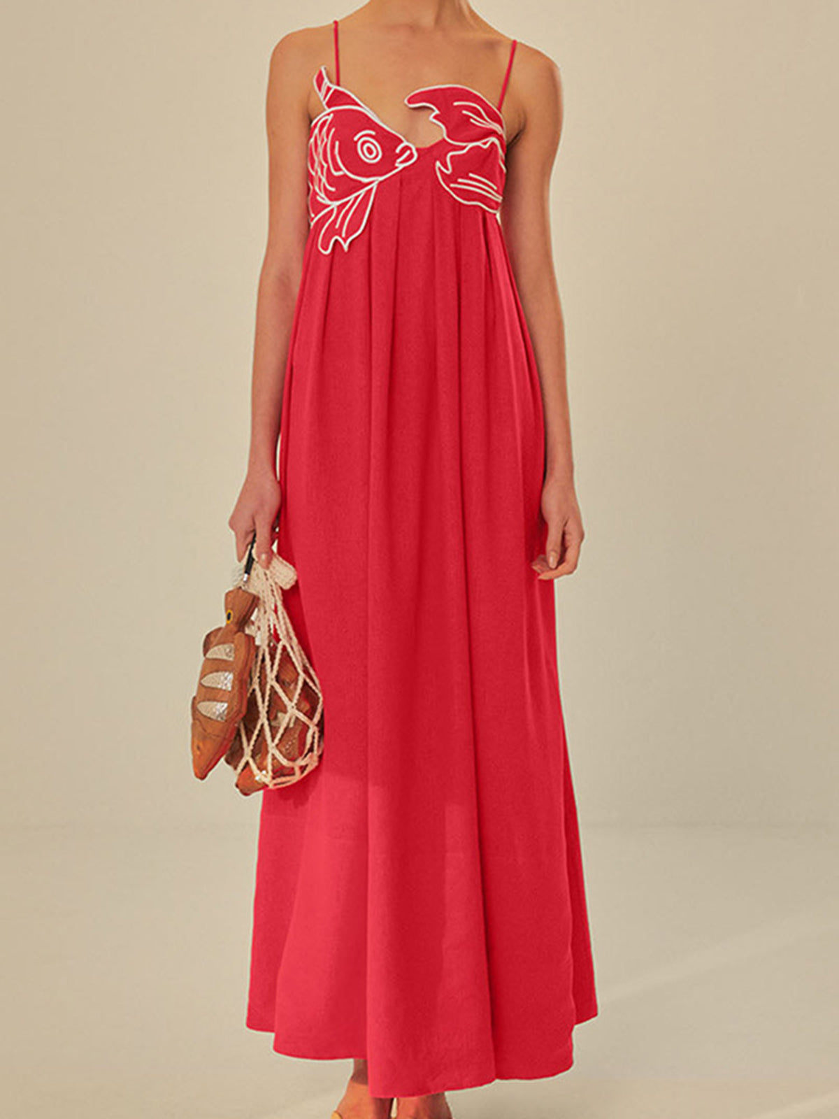 Women's Embroidered Maxi Dress Spaghetti Strap Black - VibreMode