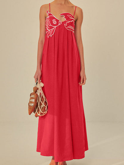 Women's Embroidered Maxi Dress Spaghetti Strap Black - VibreMode