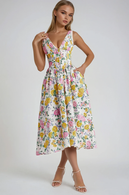Women's Midi Floral V-Neck Summer Dress - VibreMode