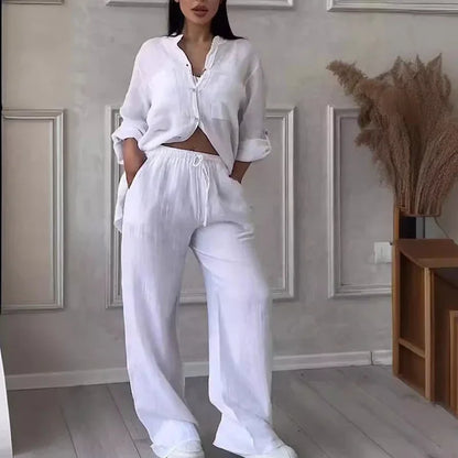 Women's Linen Shirt And Pants Set Lightweight - VibreMode
