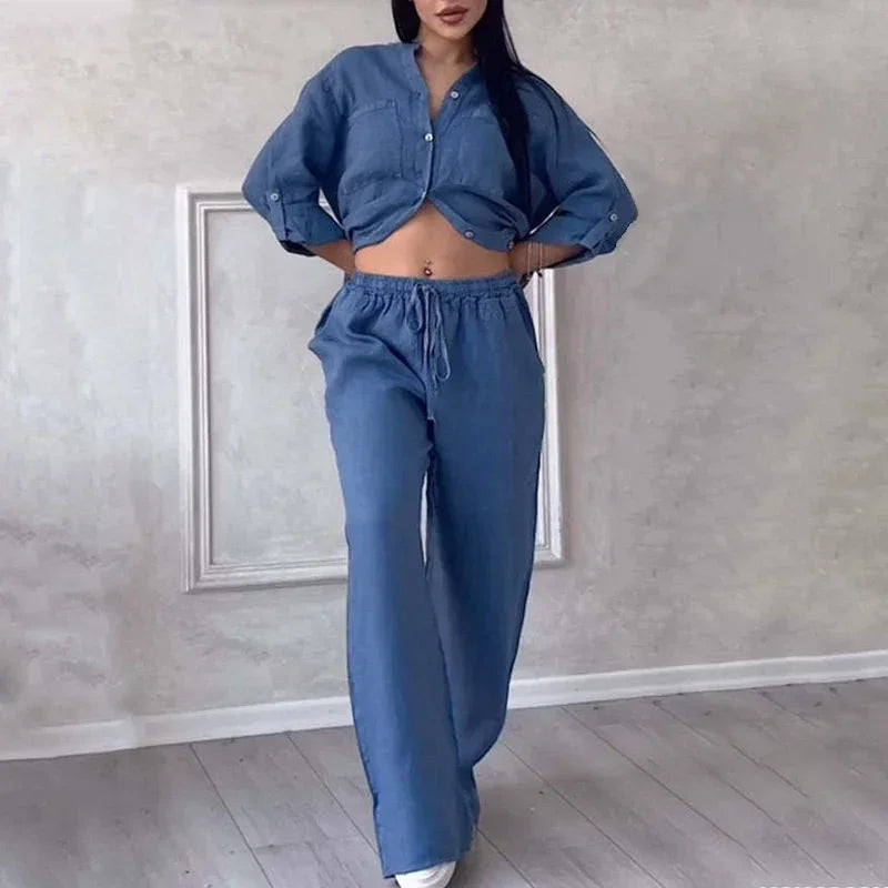 Women's Linen Shirt And Pants Set Lightweight