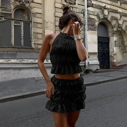 Women's 2 Piece Pleated Halter Neck Outfit