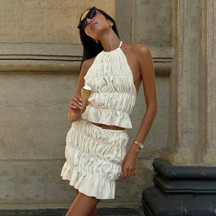Women's 2 Piece Pleated Halter Neck Outfit - VibreMode