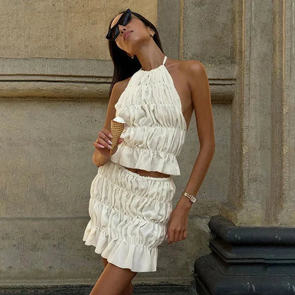 Women's 2 Piece Pleated Halter Neck Outfit - VibreMode