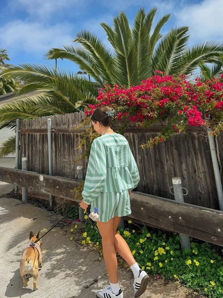 Women's Green Striped Blouse And Shorts Set