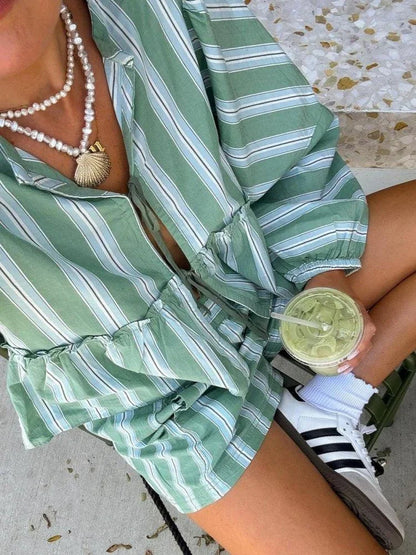 Women's Green Striped Blouse And Shorts Set