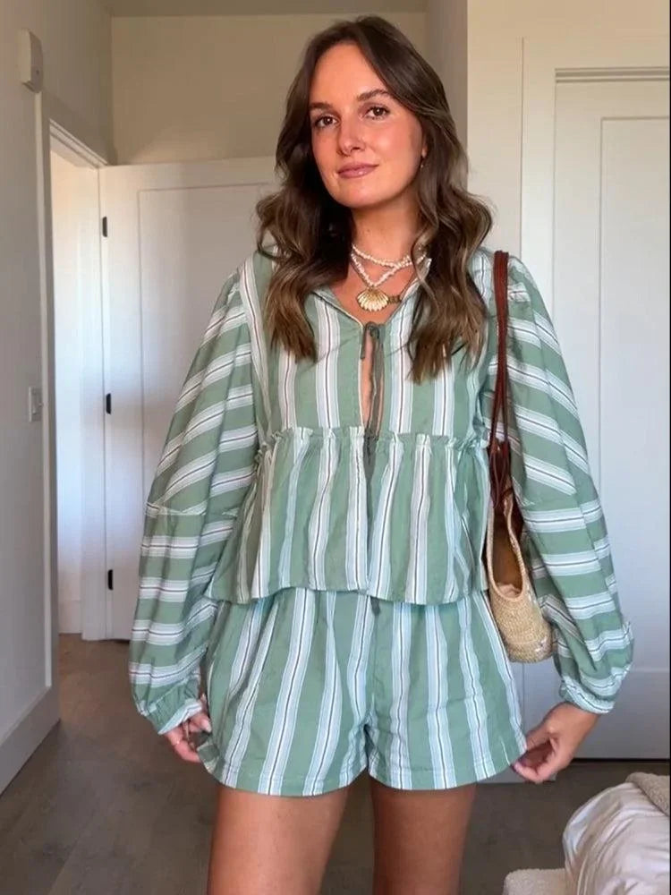 Women's Green Striped Blouse And Shorts Set