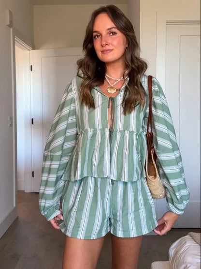 Women's Green Striped Blouse And Shorts Set