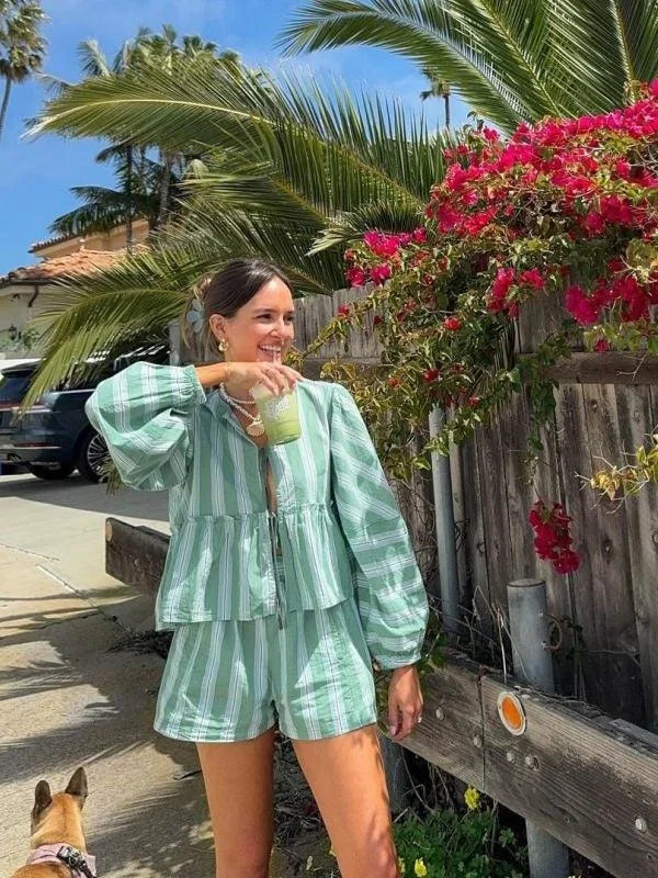 Women's Green Striped Blouse And Shorts Set - VibreMode