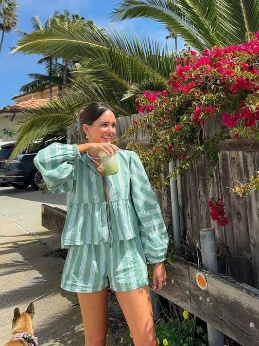 Women's Green Striped Blouse And Shorts Set - VibreMode