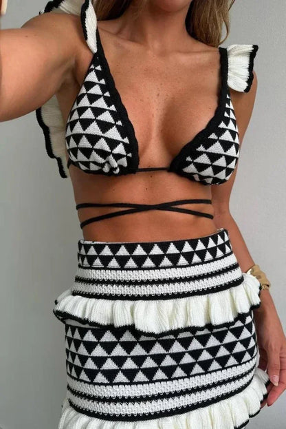 Women's Geometric Pattern Long Skirt Set Black White