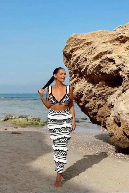 Women's Geometric Pattern Long Skirt Set Black White