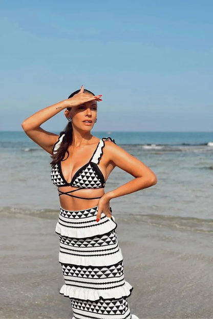Women's Geometric Pattern Long Skirt Set Black White
