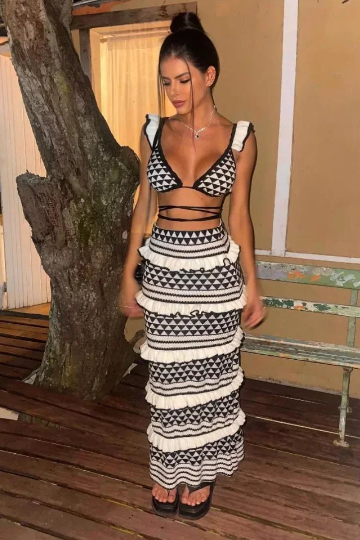 Women's Geometric Pattern Long Skirt Set Black White - VibreMode