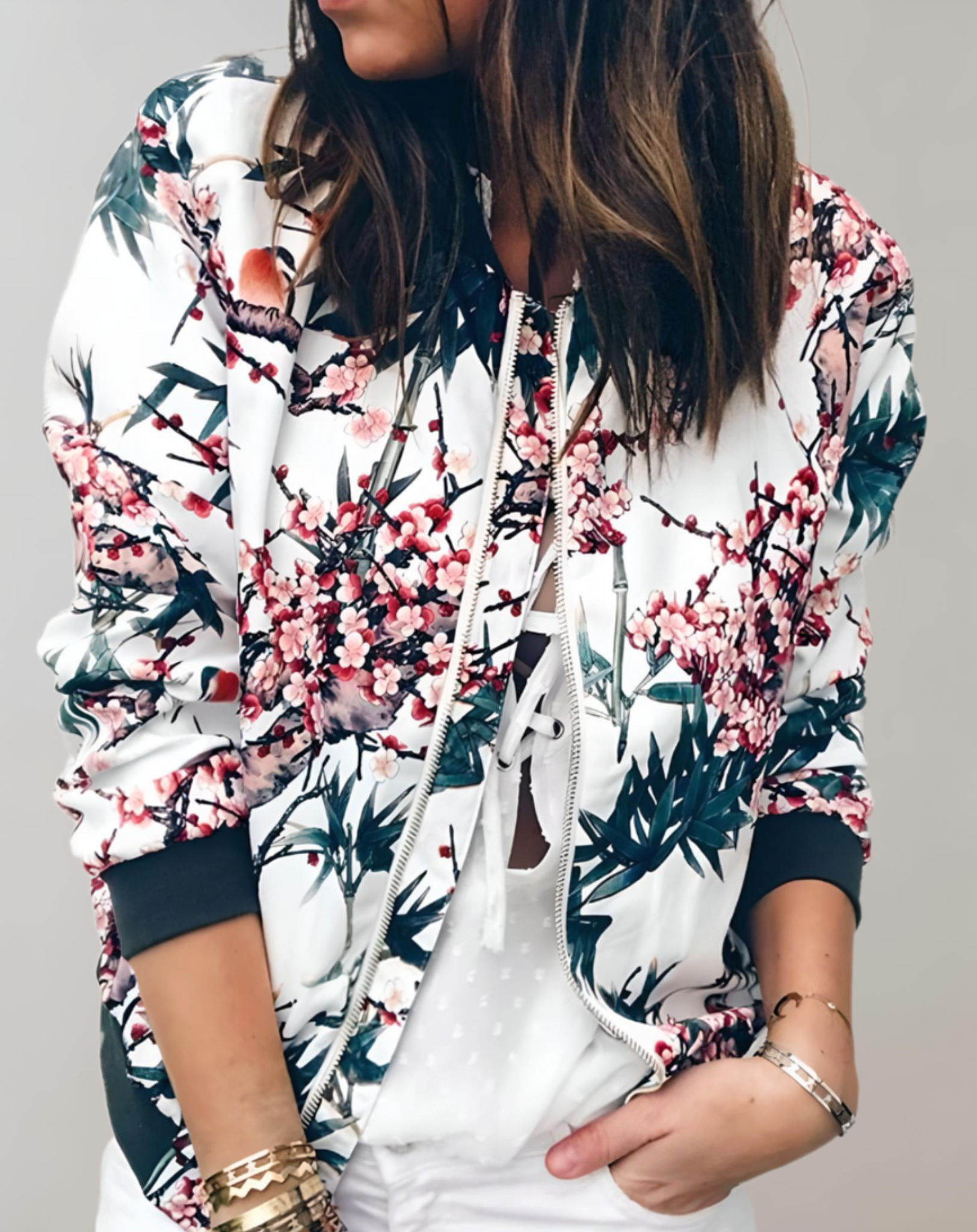 Women's Floral Bomber Jacket Zip Up - VibreMode