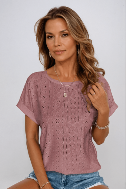 Lace Trimmed Women's Short Sleeve Embroidered Blouse