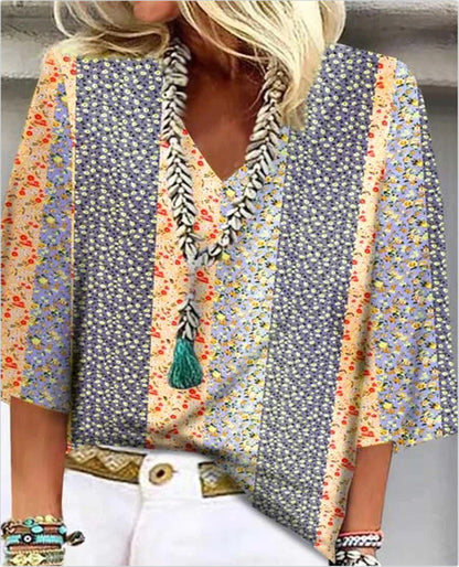 Colorful Floral Print V-Neck Blouse for Women