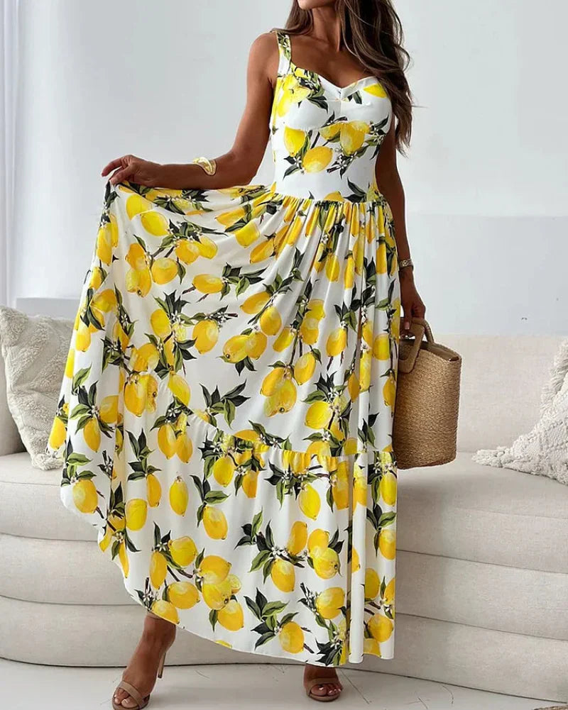 Women's Strappy Print Dress Lemon - VibreMode