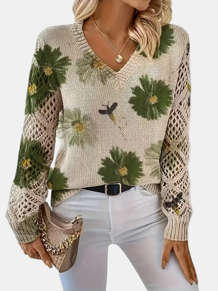 Women's V-Neck Sweater Floral Knit Pattern