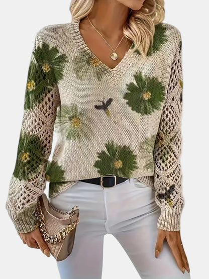 Women's V-Neck Sweater Floral Knit Pattern