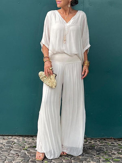 Green Women's V-Neck Flare Sleeve Loose Fit Jumpsuit Set