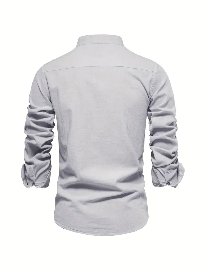 Men's Long Sleeve Button Shirt Band Collar White