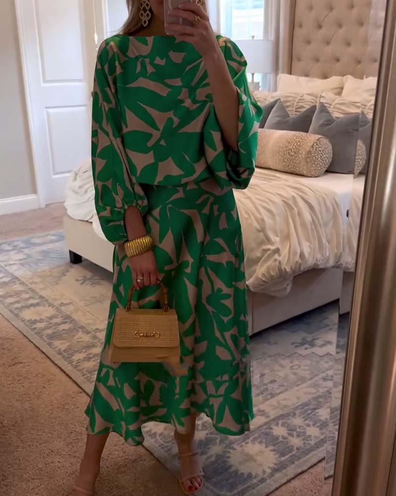Vibrant Floral 2-Piece Lantern Sleeve Outfit - VibreMode