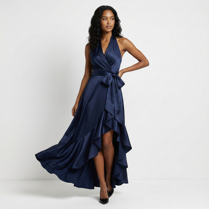 Women's Satin Maxi Dress Halter Neck Ruffled Hem